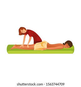 Smiling masseur standing and making massage of legs vector illustration