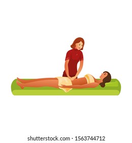 Smiling masseur standing and making massage of belly vector illustration