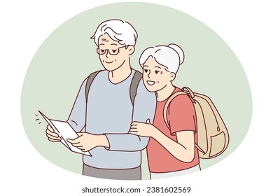 Smiling mature couple with backpacks look at paper map travel together. Happy elderly man and woman travelers look on vacation. Vector illustration.