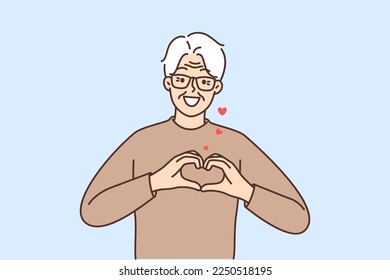 Smiling mature grey haired man in glasses show heart symbol share love and support. Happy elderly grandfather feel thankful and grateful. Gratitude. Vector illustration. 