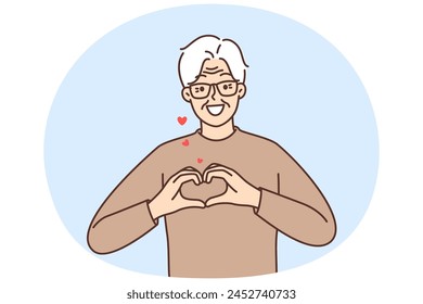 Smiling mature grey haired man in glasses show heart symbol share love and support. Happy elderly grandfather feel thankful and grateful. Gratitude. Vector illustration.