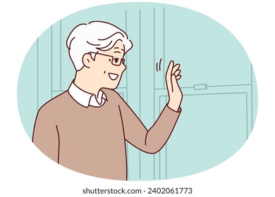 Smiling mature man look in mirror waving. Happy elderly grandfather greeting with someone from indoors. Vector illustration.