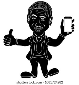 Smiling mature man in suit and present a new smartphone, conceptual cartoon stencil vector illustration