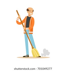 Smiling mature street sweeper at work, street cleaner character vector Illustration
