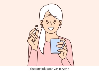 Las mujeres maduras sonrientes beben píldoras que sufren de enfermedades o desórdenes. Feliz abuela mayor que tiene un comprimido con un vaso de agua. Enfermedad y cuidado de la salud. Ilustración vectorial. 