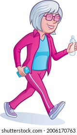 Smiling mature woman wearing workout outfit is walking for exercise while carrying a bottle of water and her cell phone.