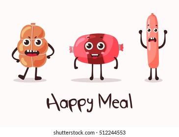 Smiling meat cartoon character. Flank meat roulade and frankfurter sausage or wurst, weenie and beef. Steakhouse or restaurant, meat market or store badge, grill shop banner. Funny nutrition theme