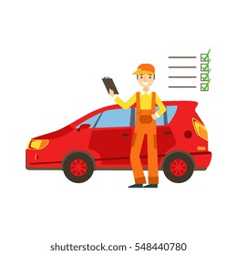 Smiling Mechanic Analysing With Checklist In The Garage, Car Repair Workshop Service Illustration