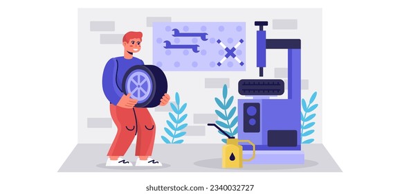 Smiling mechanic holding wheel and standing near wheel tester. Tire fitting service concept. Car oil change, tire pressure check. Flat vector illustration in cartoon style in blue colors