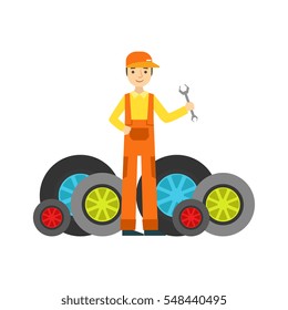 Smiling Mechanic And MAny Wheels In The Garage, Car Repair Workshop Service Illustration