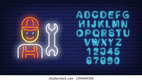 Smiling mechanic neon sign. Luminous signboard with worker. Night bright advertisement. Vector illustration in neon style for labor day, repairing, car service