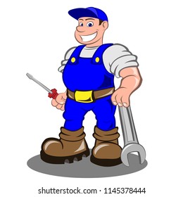 Smiling mechanic with a screwdriver and a wrench