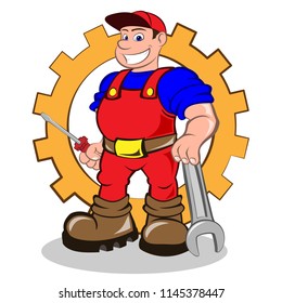 Smiling mechanic with a screwdriver and a wrench