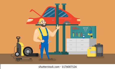 Smiling mechanic in uniform standing in front of red car. Automobile repair service. Making engine diagnostic. Vector illustration in cartoon style.