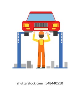 Smiling Mechanic Working Under Lifted Vehicle In The Garage, Car Repair Workshop Service Illustration