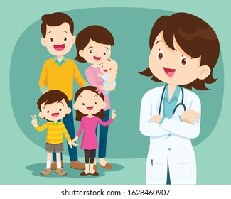 Smiling medical doctor and cute family.Medical family doctor and patients.