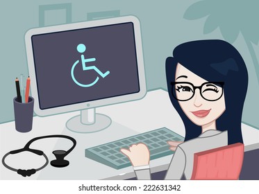 Smiling medical doctor woman with stethoscope with a computer