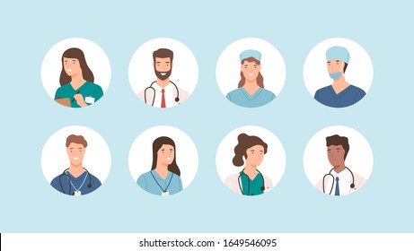 Smiling medical staff avatar isolated. Hospital icons surgeons, nurses and other medicine practitioners vector set. Different cartoon doctor face in uniform. People health care occupation