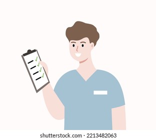 Smiling Medical Staff holding patient file report with tick marks. Health care, consultation, Health check, positive result, Clinical record concept. Flat cartoon vector design illustration.
