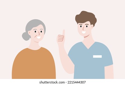 Smiling medical staff showing thumbs up sign to elder patient. Man in uniform with positive hand gesture. Medicine, healthcare, treatment concepts. Flat character vector design isolated illustration.