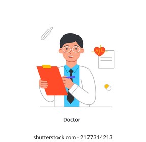 Smiling medical worker. Young smiling man doctor records diagnosis in patient medical history. Cardiologist or therapist treats heart diseases. Cartoon flat vector illustration in doodle style