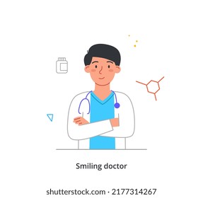 Smiling medical worker. Young smiling man in white uniform and with stethoscope. Doctor, therapist or general practitioner treats diseases. Cartoon modern flat vector illustration in doodle style