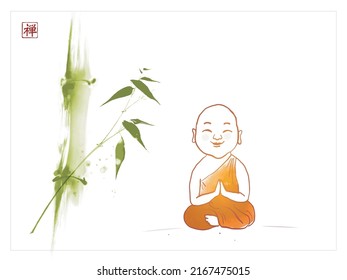 Smiling and meditating buddhist monk in orange robe under the green bamboo tree. Translation of hieroglyph - zen.