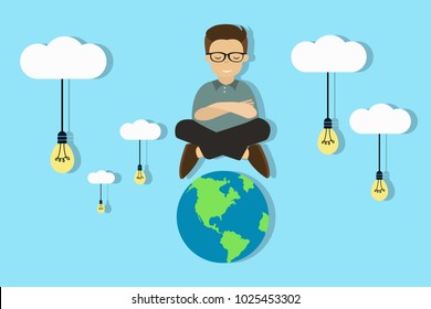 Smiling meditating man sitting in clouds with light bulbs over the Earth. Detached from the whole world while meditating concept. Searching for ideas around. Eps vector illustration