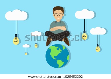 Smiling meditating man sitting in clouds with light bulbs over the Earth. Detached from the whole world while meditating concept. Searching for ideas around. Eps vector illustration