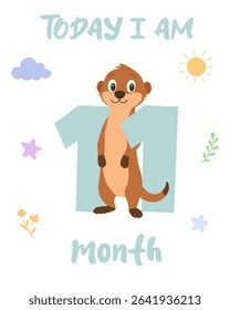 Smiling meerkat stands near big number eleven for baby milestone celebration and photo memory
