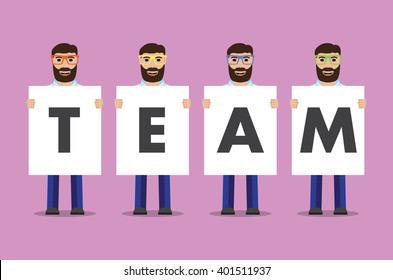 Smiling men with beard and glasses holding posters
