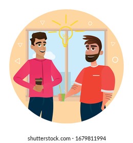Smiling Men Designers Discussing Workflow at Office. Design Studio. Creative Designer. Designer in Office. Creative Appearance. Vector Illustration. Collaboration Designers. Men Out Break.