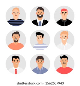 Smiling men faces avatars. Manly avatar set isolated, different adult human male face set in suit and shirt, vector sweater and tshirt, people heads for business portraits