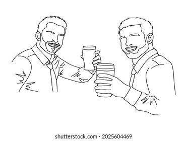 Hombres sonrientes sosteniendo gafas de cerveza en sus manos. Esbozo de esquema. Gente alegre apesta. Amigos bebiendo cerveza y tostando. Fiesta, concepto de celebración. Ilustración vectorial.