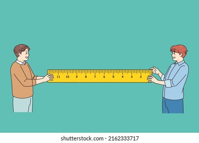 Smiling men holding ruler work on repairing project together. Male friends with tape take measurements. Mechanic and engineering concept. Vector illustration. 