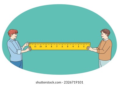 Smiling men holding ruler work on repairing project together. Male friends with tape take measurements. Mechanic and engineering concept. Vector illustration.