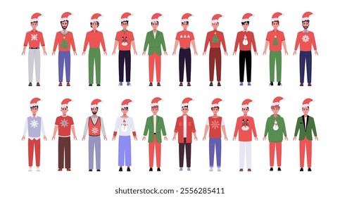 A smiling men is standing in a Christmas hat and festive clothing. Christmas theme. Vector set in a flat style