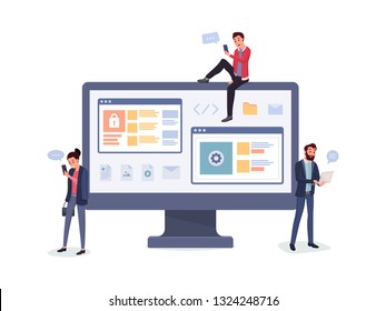 Smiling men and woman chatting via internet vector illustration. Boys and girl using laptop and smartphones for communication. Computer display with photo video document and settings icons