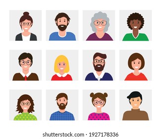 Smiling men and women avatars collection. Different happy faces. People in bright clothing. Isolated vector icons illustration.