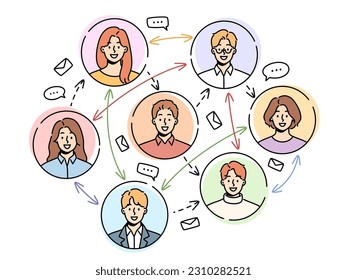 Smiling men and women communicate chat on social network. Various people communication on internet. Messaging and texting online on web. Vector illustration. 