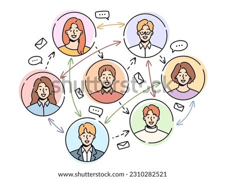 Smiling men and women communicate chat on social network. Various people communication on internet. Messaging and texting online on web. Vector illustration. 