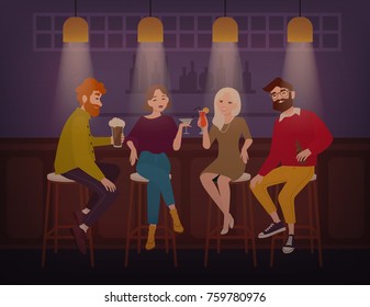 Smiling men and women dressed in stylish clothing sitting at bar, talking and drinking alcoholic drinks. Cheerful friends spending time at pub. Flat cartoon characters. Colorful vector illustration.