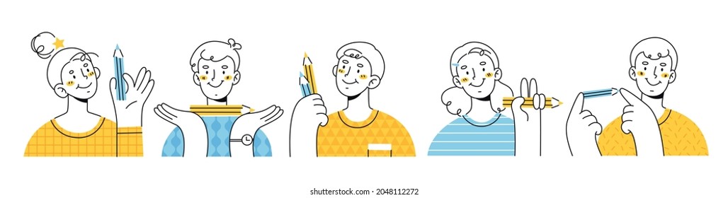 Smiling men and women hold pencils in their hands. Modern character in lineart style. Artist, painter, editor. 