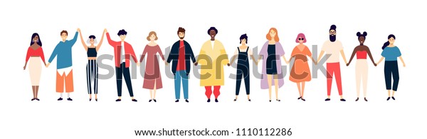 笑顔の男女が手を握る。幸せな人々が一緒に立ち並ぶ。幸せと友情。白い背景に平らな男性と女性の漫画のキャラクター。色付きベクターイラスト