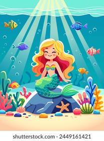 A smiling mermaid with colorful fish and underwater flora, vector illustration, on a blue gradient background, concept of fantasy sea life. Vector illustration