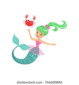 Smiling mermaid girl swimming with friendly crab underwater. Cartoon mythical sea creature with green shiny hair and fish tail. Flat vector illustration
