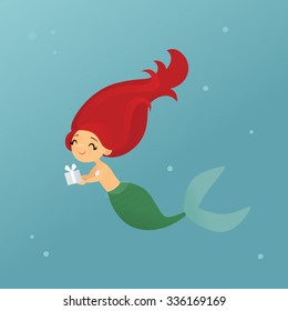 Smiling mermaid holding a holiday gift