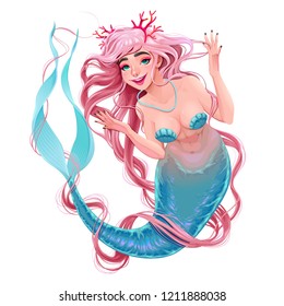 Smiling mermaid with long pink hair. Vector cartoon isolated character