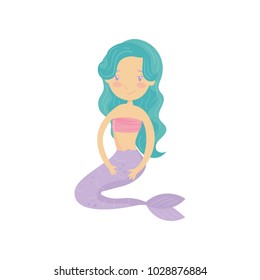 Smiling mermaid with long turquoise hair. Cartoon girl with purple fish tail. Beautiful mythical creature. Flat vector design for children book, sticker or postcard
