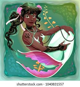 Smiling mermaid with white fish tail. Vector cartoon illustration